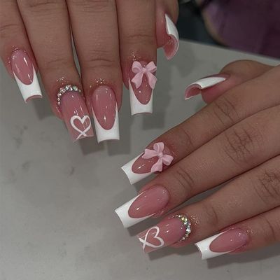 YKZFUI French Tip Press on Nails with Charms Medium Fake Nails White French Nails Press ons Cute Bow Stick on Nails Long Square Shape Acrylic Nails Heart Nails Rhinestones Nails for Women Daily Wear