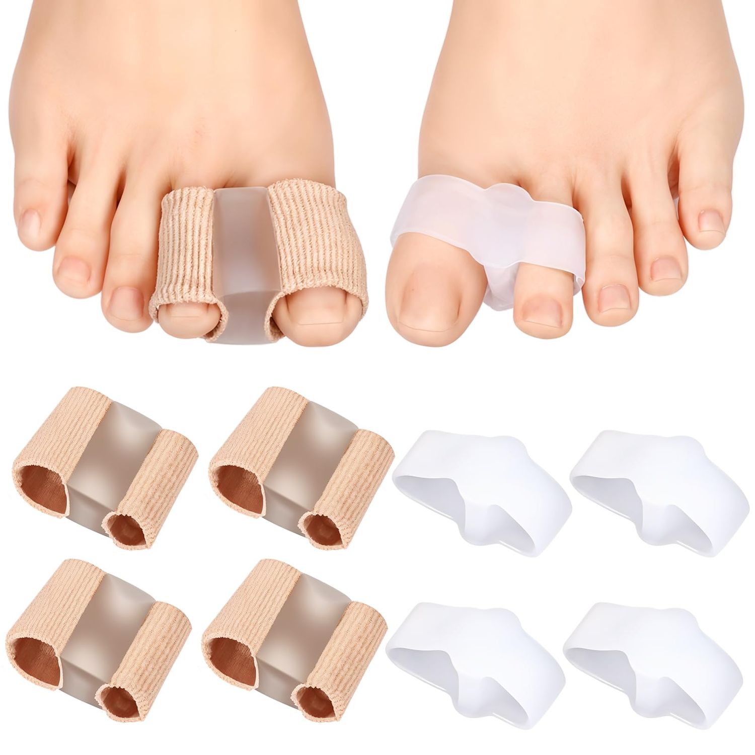 Qianyu 8 Pack Toe Separators Bunion Corrector with 2 Loops Overlapping Hammer Toe Separator Women Men Gel Toe Straightener Fabric Lining Splint for Feet Preventing Rubbing Relieve Foot Pressure