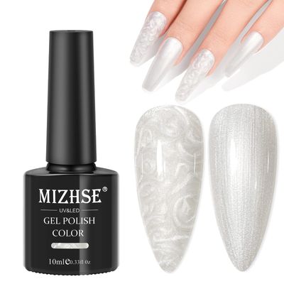 MIZHSE Pearl White Gel Nail Polish, Shimmer Mermaid Gel Polish Glitter Gels Polish Swirl Shell Thread Effect Soak Off U V Salon Home DIY Manicure Use10ml