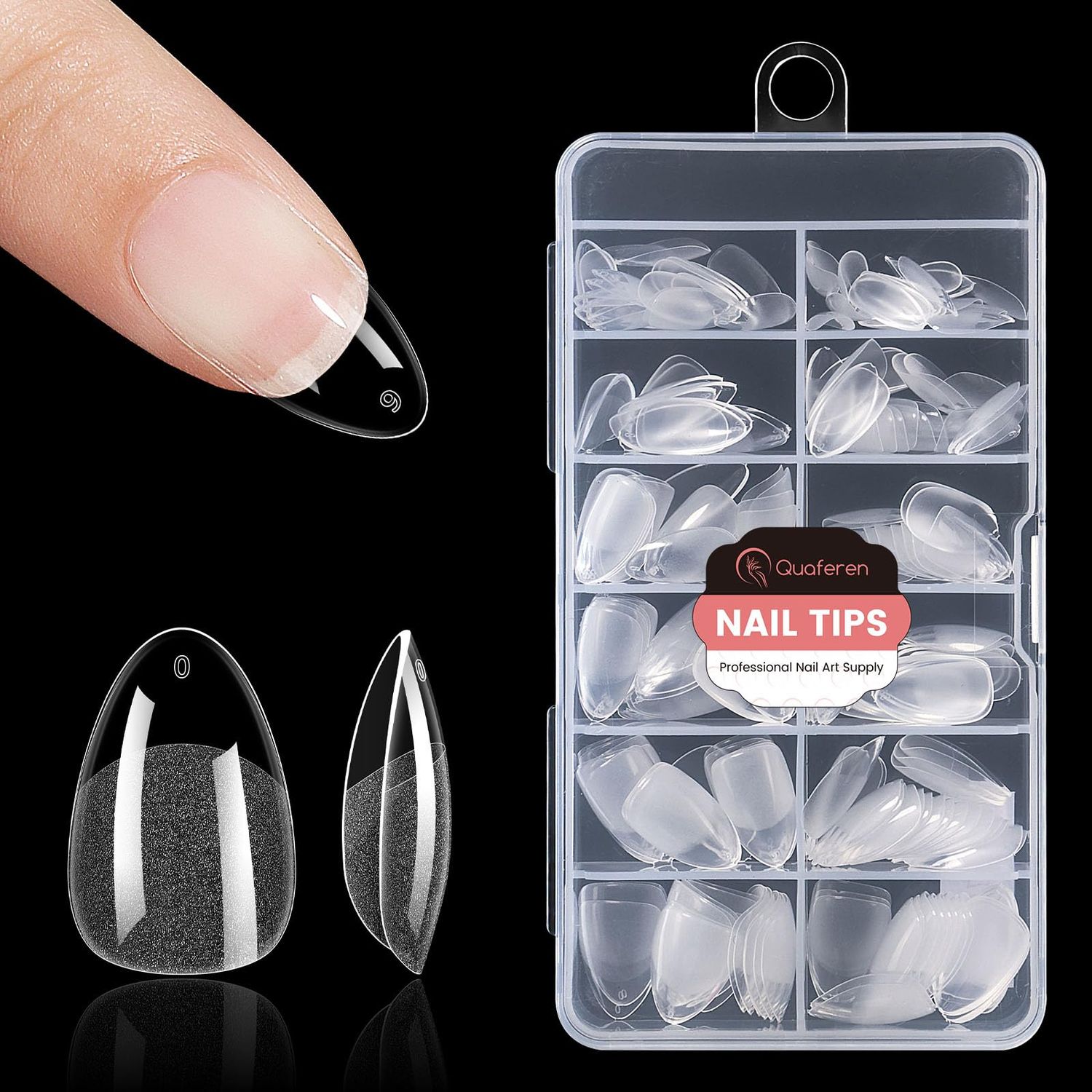 Quaferen Almond Nail Tips Short: 240pcs Pre-shape Acrylic Fake Nails Tips Almond Shape - 12 Sizes Soft Gel Full Cover Clear Gelly Press on False Tip for Nail Extension Salon Home