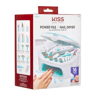 KISS New York Power File X Nail Dryer, Electric Nail File & Nail Dryer System, Includes 12 Attachments, Rechargeable Handle, Cuticle Pusher, A/C Adapter, & Storage Case
