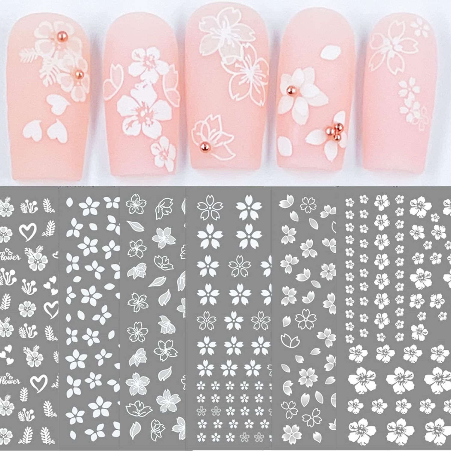 Transparent White Flower Nail Art Decal Stickers for Women Girls Fingernails Designs and Nail Decoration Self Adhesive Floret Nail Stickers for Nails Decor (Pack of 6)