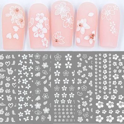 Transparent White Flower Nail Art Decal Stickers for Women Girls Fingernails Designs and Nail Decoration Self Adhesive Floret Nail Stickers for Nails Decor (Pack of 6)