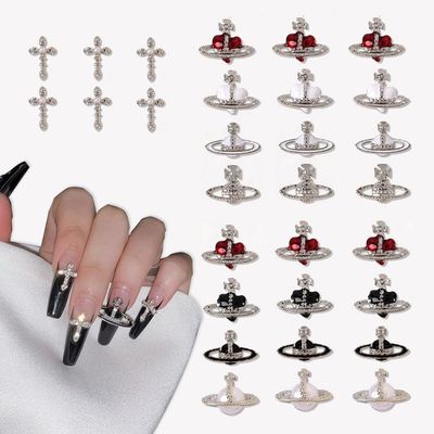 30 PCS Heart Planet Nail Art Charms - Rhinestones, Red, Black, White 3D Cross, Saturn Shape Design, Shiny Nail Jewelry, Acrylic Accessories