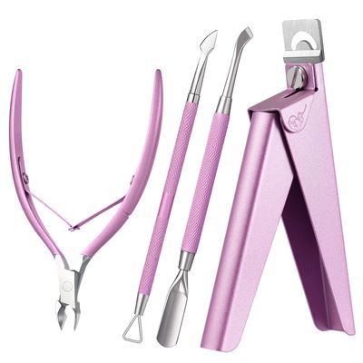 Melodysusie Acrylic Nail Clippers 4 in 1 Set, Adjustable Stainless Steel Nail Clippers for Acrylic Nails Tips, Professional Cuticle Nipper Cutter Cuticle Pusher Remover, Pink