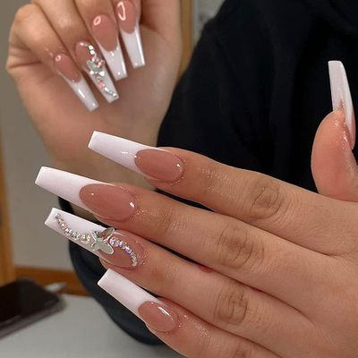 24 Pcs Press on Long Fake Nails - Acrylic Ballet French White Illuminate Butterfly Adhesive Tape Nails Design for Women and Girls