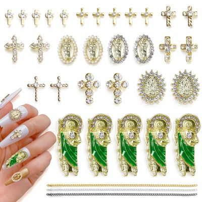 3D Cross Nail Rhinestones Charms San Judas Tadeo Virgin Mary Nail Charms for Acrylic Nails Chains Gold Nail Art Metal Shiny Alloy Crystals Gems DIY Jewels Accessories Supplies Decorations Set (36)