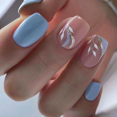 RikView Square Press on Nails Medium Acrylic Nails Blue Nails Glossy Nails for Women 24 PCS