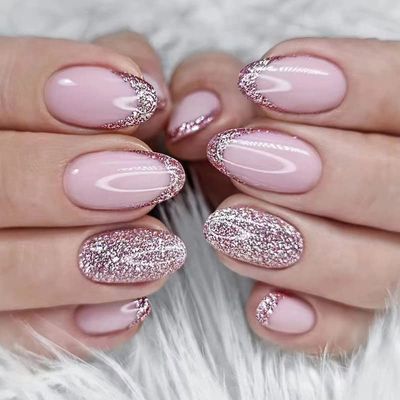 Pink Glitter French Press-On Nails Short Almond False Nails Glitter Full Cover Gloss Reusable Artificial Acrylic Nails for Women and Girls DIY Nail Art Decoration 24pcs