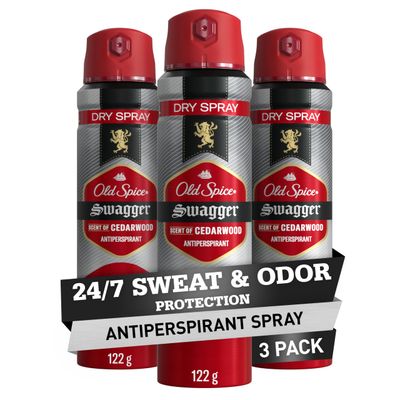Old Spice Dry Spray Antiperspirant Deodorant for Men, 24/7 Sweat &amp; Odor Protection, 24/7 Sweat Defense &amp; Lasting Freshness, Swagger with Cedarwood Scent, 4.3 oz (Pack of 3)