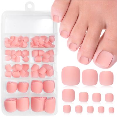 Bellelfin Short Press on Toenails, 240Pcs Nude Pink Square Fake Toenails Full Cover Matte False Toe Nail Acrylic Glue on Toenails with 5 Sheets Adhesive Tabs for Women Girls