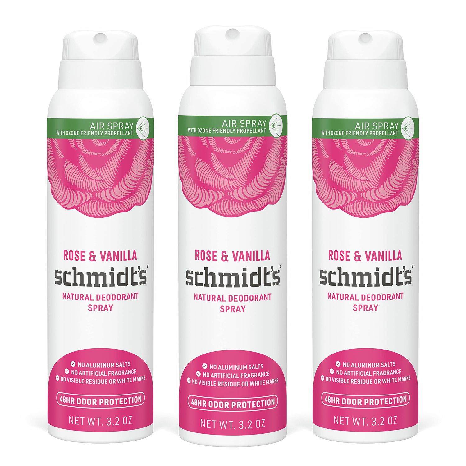 Schmidts Natural Deodorant Spray for Women and Men, Rose and Vanilla with 48 Hour Protection, No Aluminum Salts, No White Marks, Cruelty Free, Vegan, Deodorant, 3.2 Ounce (Pack of 3)