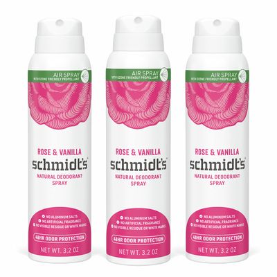 Schmidts Natural Deodorant Spray for Women and Men, Rose and Vanilla with 48 Hour Protection, No Aluminum Salts, No White Marks, Cruelty Free, Vegan, Deodorant, 3.2 Ounce (Pack of 3)