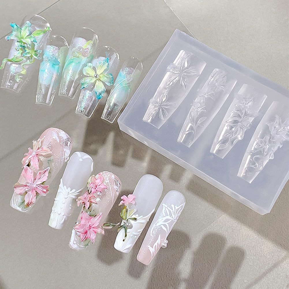 LIFOOST 3D Flowers Nail Mold Silicone Lily Flower Charms Embellishment Moulds Nail Art Floral Carving Template for Manicure Design Tool