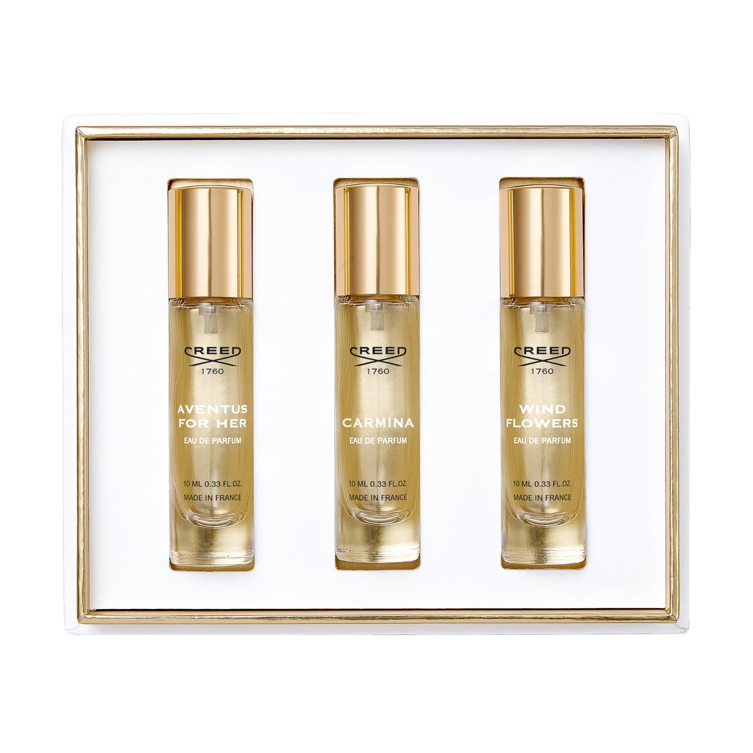 House of Creed Womens Holiday Gift Coffret Set, Features 3 Signature Perfume Scents of Aventus for Her, Carmina, and Wind Flowers, 3 x 10ml