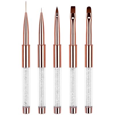Ycyan 5pc Nail Art Brush Set - Rose Gold Rhinestone Handles with Gel Polish, Liner, Drawing Brushes for Salon &amp; DIY Manicure