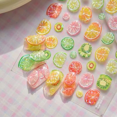 1PCS Fruit Nail Art Stickers 5D Embossed Self Adhesive Nail Decals Kiwifruit Lemon Nail Sticker Spring Summer Nail Design Sliders Relief Fruit Nail Art Supplies for Women DIY Manicure