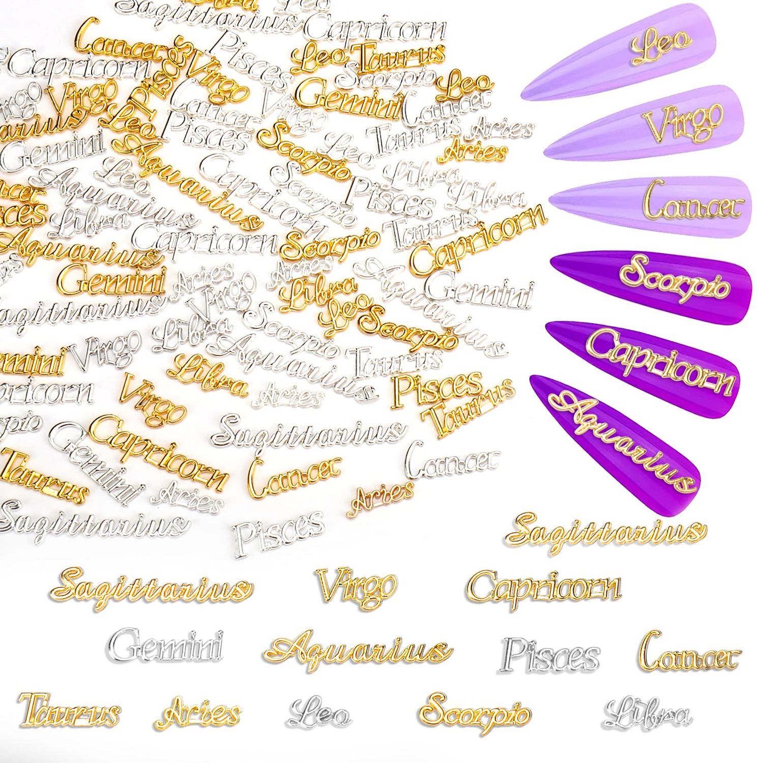 Mity rain Zodiac Nail Charms, 96pcs Twelve Constellation Charms Set Alloy for Nail Art Decoration (Gold, Silver)