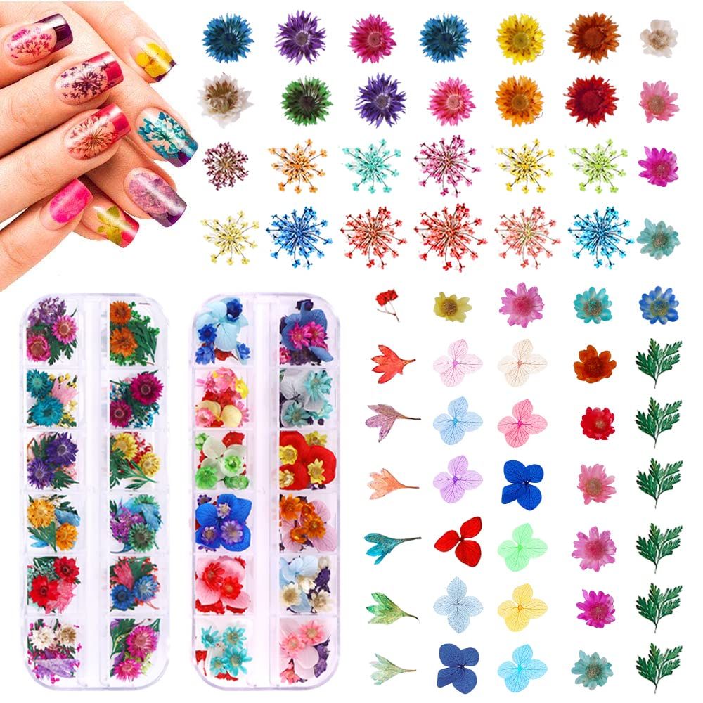 216PCS Dried Flowers - Nail Art Accessories Kits, 57 Color Lovely Natural Dried Flowers for Resin Molds and Nails, YWLI