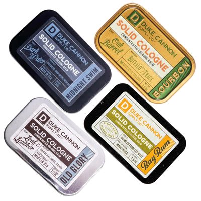 Duke Cannon Solid Cologne Quartet - Bourbon, Bay Rum, Midnight Swim &amp; Old Glory, Portable Concentrated Cologne Balms, Travel-Friendly, 1.5 oz. 4-Pack