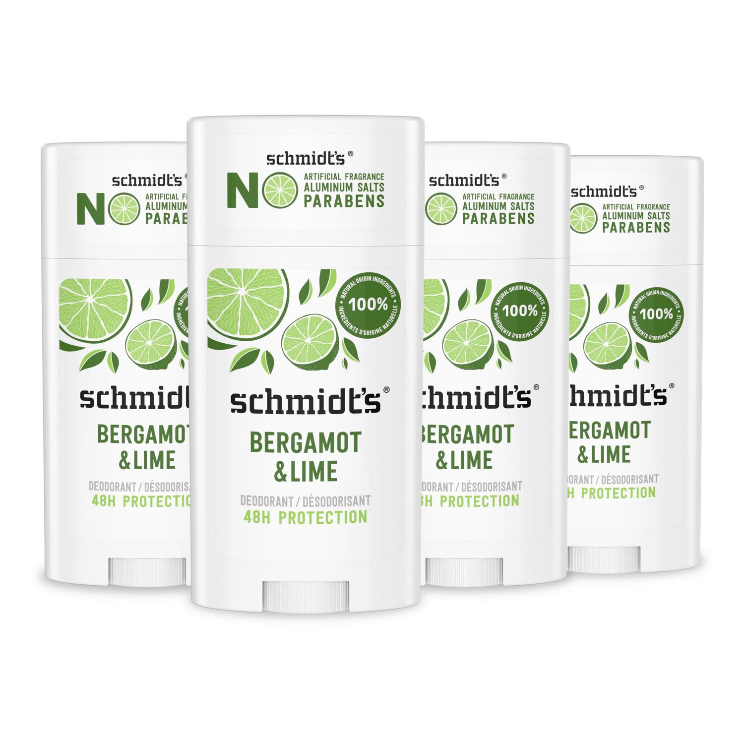 Schmidts Aluminum-Free Vegan Deodorant Bergamot &amp; Lime 4 Count for Women and Men, with 24 Hour Odor Protection, Natural Ingredients, Cruelty-Free, 2.65 oz