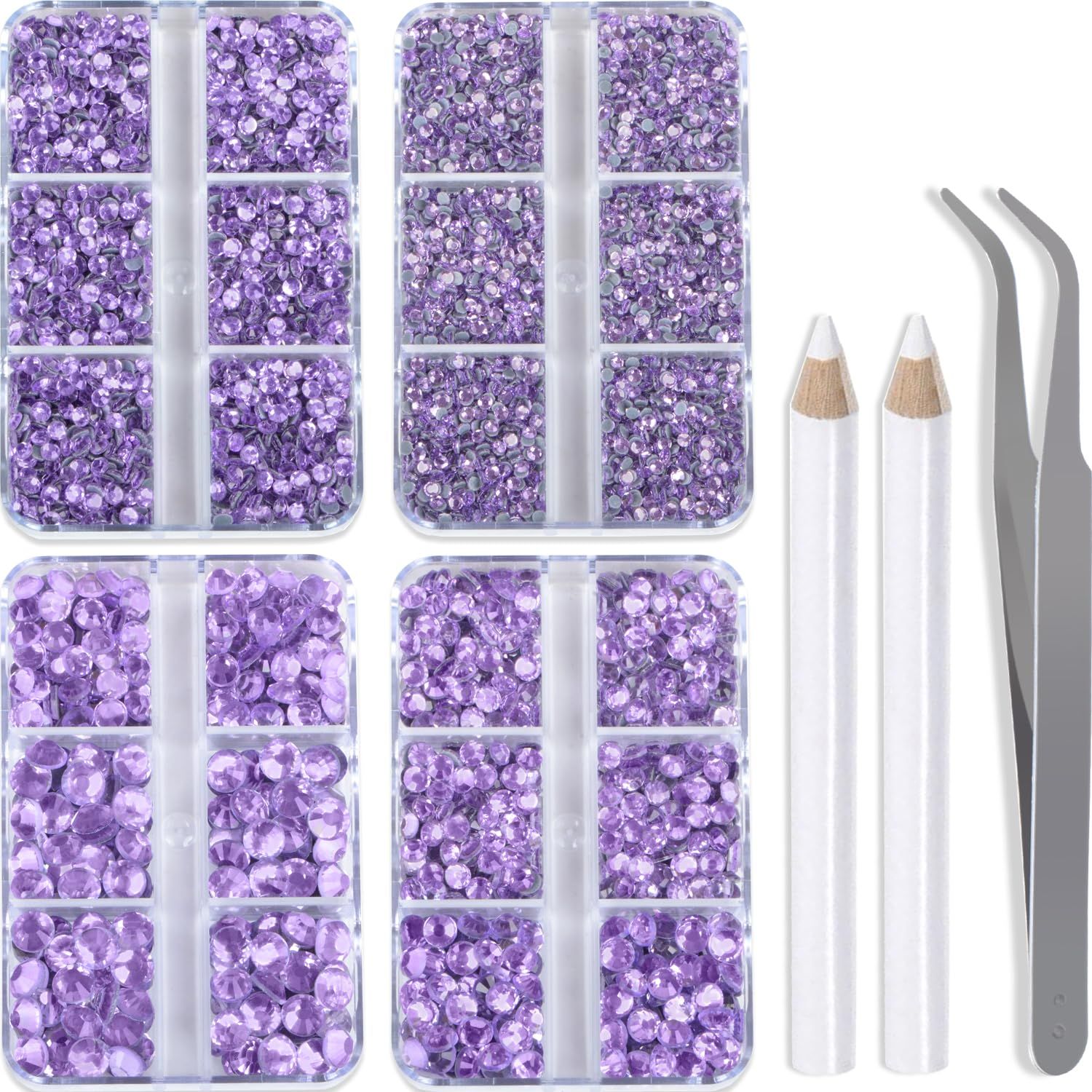 QOGIR 10000 Pieces 5 Mixed Size Violet Hotfix Rhinestones for Crafts Clothes Nail Art with Tweezers and Picking Rhinestones Pencil