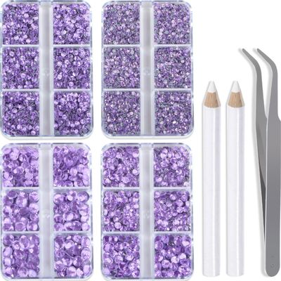 QOGIR 10000 Pieces 5 Mixed Size Violet Hotfix Rhinestones for Crafts Clothes Nail Art with Tweezers and Picking Rhinestones Pencil
