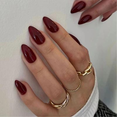 Pure Red Fake Nails - Short Length Almond Press On Nails - Shiny Glossy Artificial Glue On Nails - Almond Shape Full Cover Nail Tips False Nails - Wine Red Nails For Manicure DIY