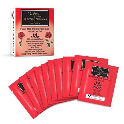 Karma Halal Nail Polish Remover Wipes with Rose Oil; Non-Toxic, Vegan, Cruelty-Free - Pack of 10