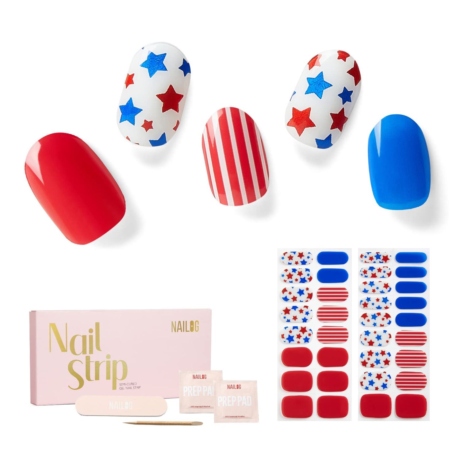 Nailog Semi Cured Gel Nail Strips 34 pcs| Long Lasting Nail Polish Sticker Wraps with Glossy Gel Finish | Salute