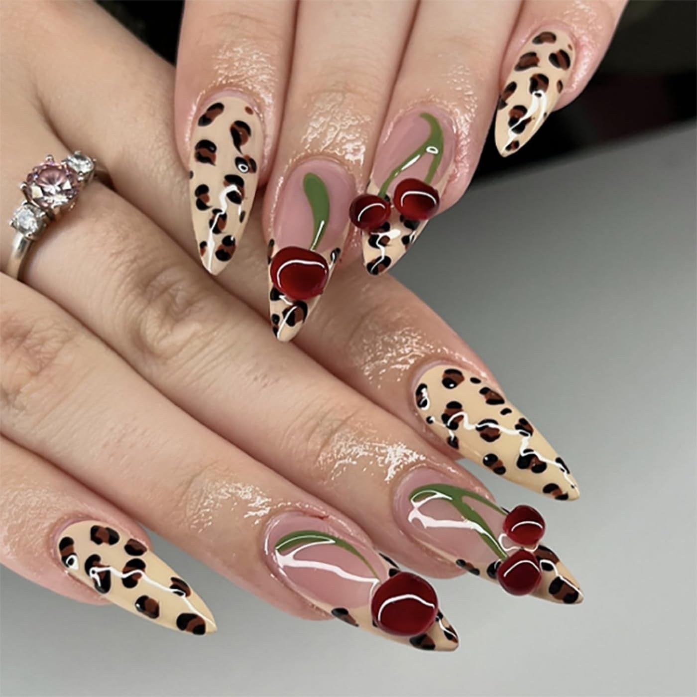 Medium Almond Press on Nails Fake Nails Glossy Glue on Nails Cheetah French Tip Acrylic Nails Stiletto Artificial Nails 3D Cherry Stick on False Nails with Design 24 Pcs (Brown-3, Nails-3)