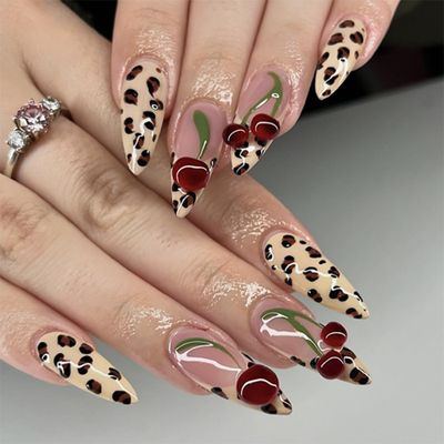 Medium Almond Press on Nails Fake Nails Glossy Glue on Nails Cheetah French Tip Acrylic Nails Stiletto Artificial Nails 3D Cherry Stick on False Nails with Design 24 Pcs (Brown-3, Nails-3)