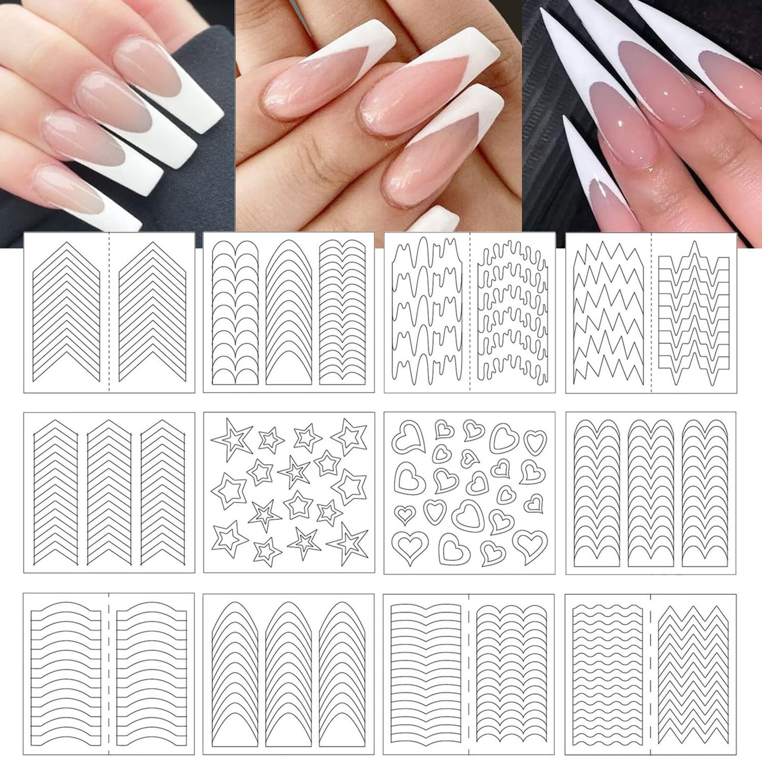 36 Sheets 1158 Pieces French Tip Nail Guides 17 Styles Nail Design Stickers Self-Adhesive Nail White DIY Decoration Nail Stencils US186