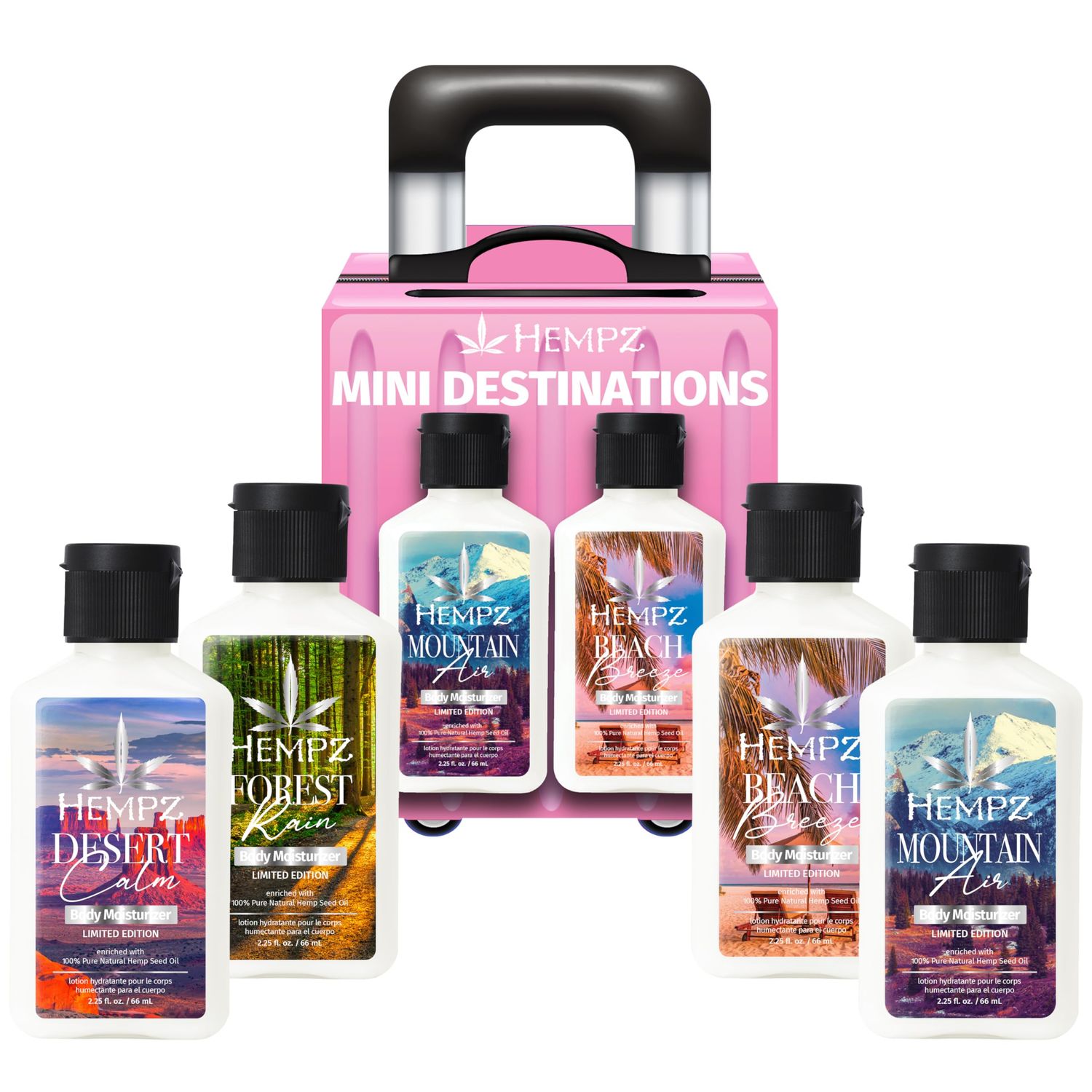 Hempz NEW Mini Escape Kit Hand &amp; Body Lotion Set, 4-Pack limited edition scents, Mountain Air, Beach Breeze, Desert Calm &amp; Forest Rain 2.25 ounce