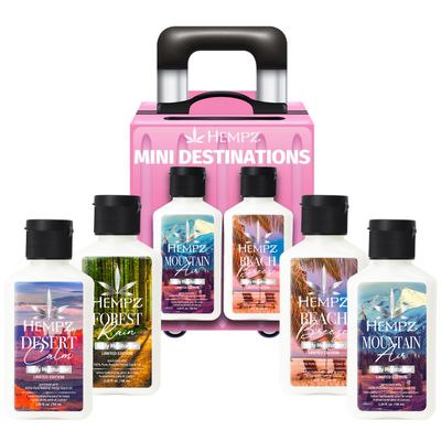 Hempz NEW Mini Escape Kit Hand &amp; Body Lotion Set, 4-Pack limited edition scents, Mountain Air, Beach Breeze, Desert Calm &amp; Forest Rain 2.25 ounce