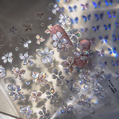 5D Embossed Flower Nail Stickers for Nail Art - Jelly Flower Nail Art Stickers Shiny Aurora Shell Floral Nail Design Sticker Crystal Gradient Flowers Nail Decals Spring Flowers Sticker for Women