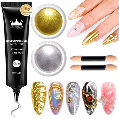 3D Nail Gel and Chrome Nail Powder BISHENGYF: 15g No Wipe Clear 3D Sculpting Gel for Nail Art Non-Sticky Hand Hard Gel Carving Gel with Rose Gold Chrome Powder for Gel Nail Art Home DIY