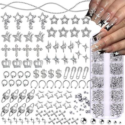 92pcs Star Nail Charms, 1 Box Silver Nail Pearls for Crafting Flat Back, Y2K Silver Metal Planet Cross for Acrylic Nail Art Rhinestones Dangling Star Nail Chains Cute Gems Manicure Decorations Bulk