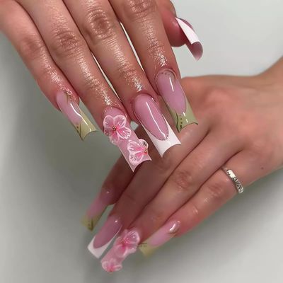 OHWODA Long Press on Nails with 3D Floral Designs, Pink French Tips Fake Nails, Glossy Finish Glue on Nails, Extra Long Square Shaped Artificial Nails, Spring Stick on Nails for Women, 24 Pieces
