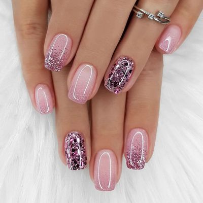 Press on Nails Medium Square Fake Nails with Glitter Sequins Designs Gradient Nails Press ons Glossy Glue on Nails Daily Wear Simple Acrylic Nails Purple False Nails Stick on Nails for Women 24Pcs