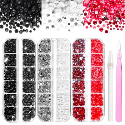 3 Boxes Rhinestones and Pearl for Crafting, Mixed Sizes 2-8mm Flatback Jelly Resin Rhinestones and Pearls Gems for Bedazzling, Shiny Black Red Crystals Gems for Crafts Clothing Nails Makeup
