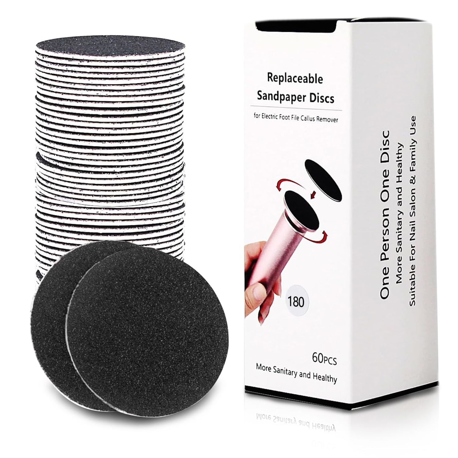 60 Pcs Replaceable Sandpaper Refill Discs for Electric Foot File Callus Remover Foot Care Dead Skin Cracked Hard Skin Removal (Fine 180 Grit)