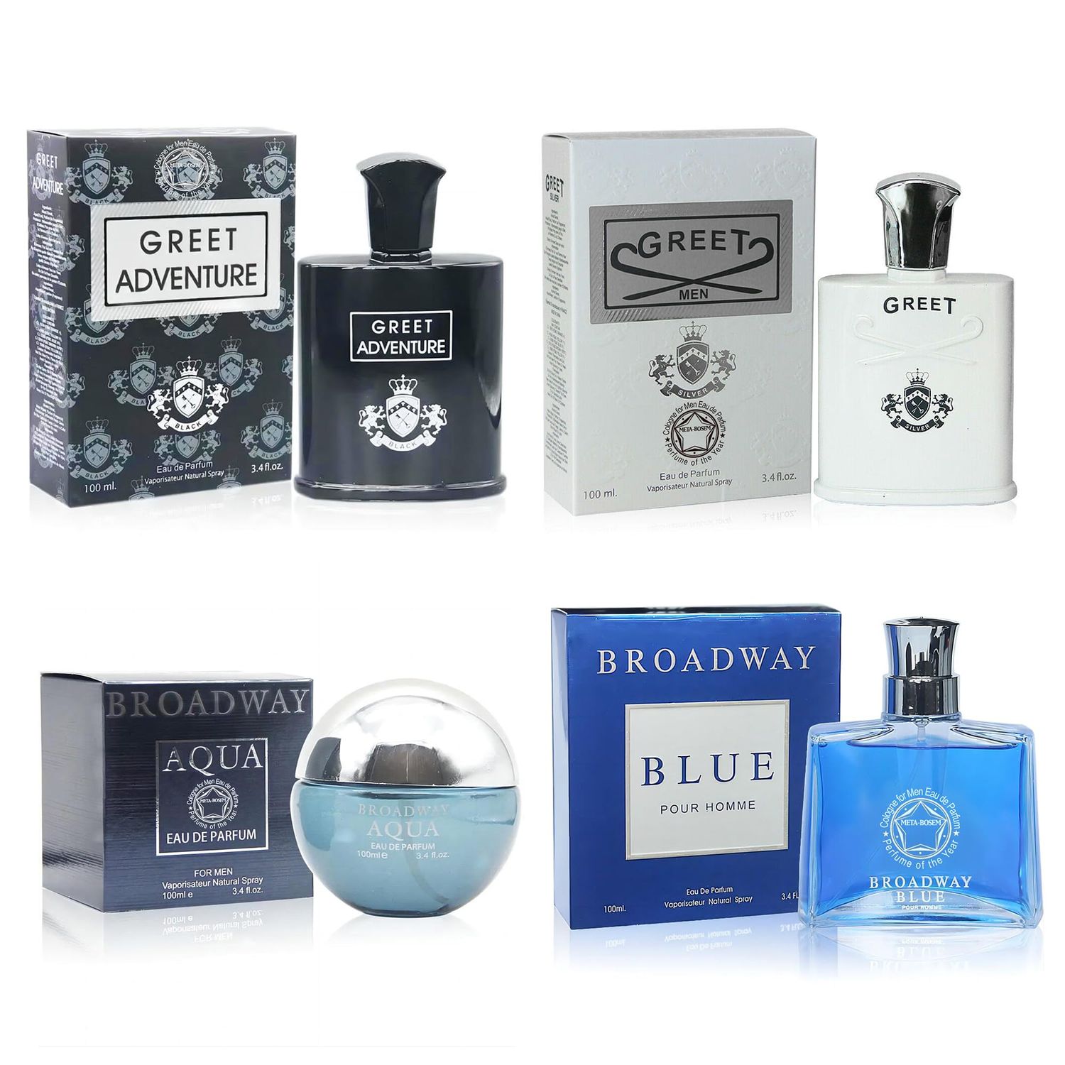 META-BOSEM 4Pc Set Cologne for Men (GreetGreet AdventureBroadway AquaBroadway Blue) Collection Fragrance, Eau de Parfum Spray - Masculine Scent (Pack of 4) Each 3.4 Fl Oz, Total 13.60 Oz