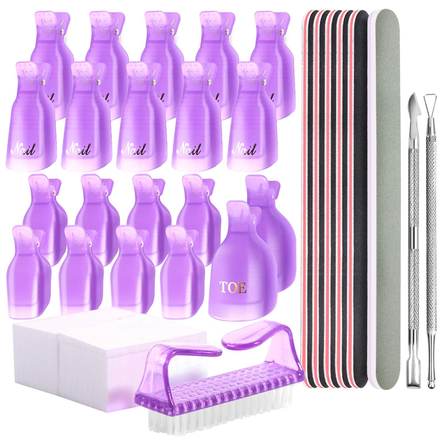 Teenitor Gel Nail Polish Remover Kit - Nail Clips, Remover Pads, Cuticle Peeler, Nail File, Buffer, Brushes &amp; Soak Off Clips for Hands &amp; Toes - Purple
