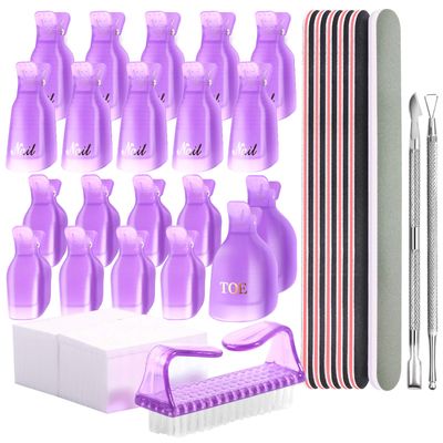 Teenitor Gel Nail Polish Remover Kit - Nail Clips, Remover Pads, Cuticle Peeler, Nail File, Buffer, Brushes &amp; Soak Off Clips for Hands &amp; Toes - Purple