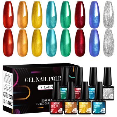 MTSSII Chrome Gel Nail Polish Set, 8 Metallic Colors: Silver, Gold, Red, Yellow, Green, Blue - UV/LED Glossy Mirror Effect Nail Gel for Home Salon DIY Manicure
