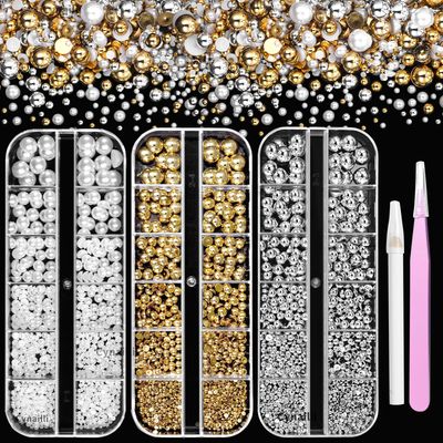3 Boxes Gold Silver Half Round Pearls for Crafting, White Flatback Nail Pearl Charms Beads, Mix Size 2-8 mm Pearls for Nails Art Supplies DIY Face Makeup with Pickup Pencil Tweezer