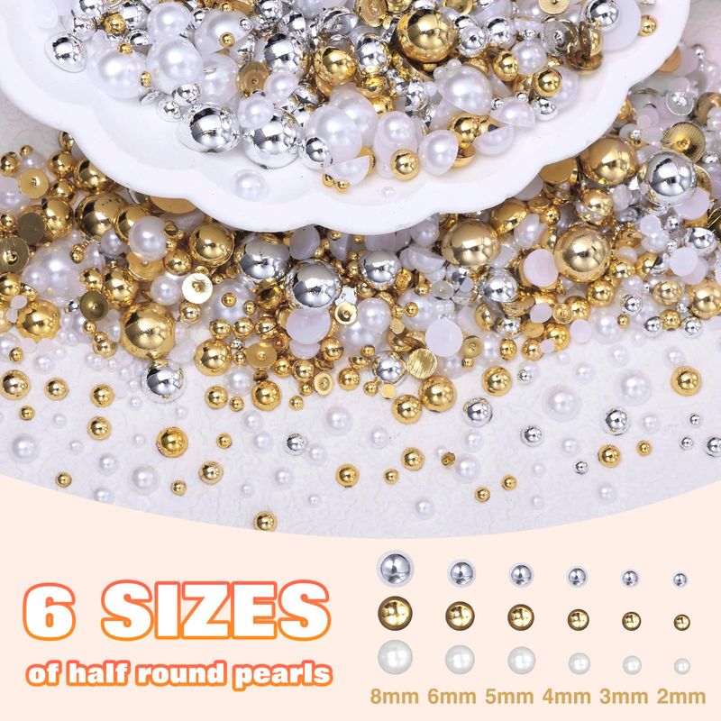 3 Boxes Gold Silver Half Round Pearls for Crafting, White Flatback Nail Pearl Charms Beads, Mix Size 2-8 mm Pearls for Nails Art Supplies DIY Face Makeup with Pickup Pencil Tweezer