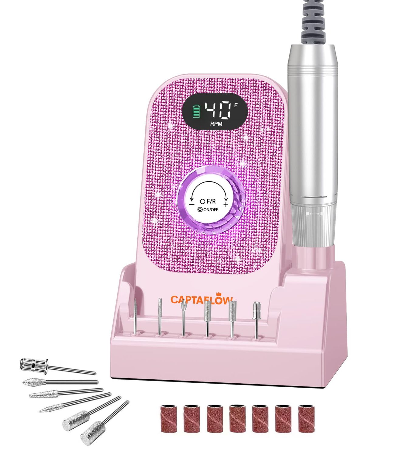 Portable Electric Nail Drill File: 40000RPM Professional Nail Drill with Bits &amp; Base, Pink Diamond Rechargeable Nail E File Machine for Remover Gel Nail Polish Acrylic Nails Manicure for Salon Home