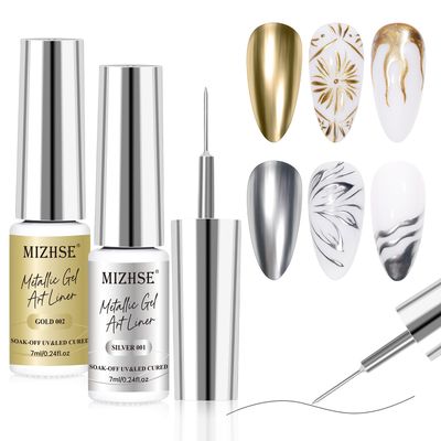 MIZHSE Gold and Silver Metallic Liner Gel Nail Art 3D Chrome Mirror Gel Paint 7ML, Metal Glossy Painting Drawing Line Swirl French Nail Design Dotting Soak off Manicure Set for Nail Art